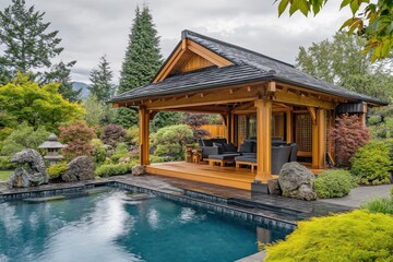 Fototapeta premium Luxury poolside retreat with Japanese-inspired architecture surrounded by lush greenery and serene water features, ideal for relaxation and tranquility