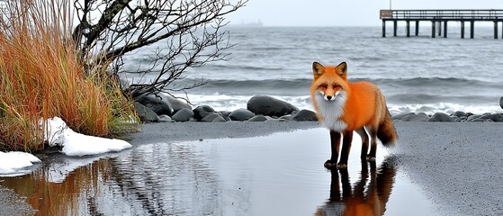 Fox by the sea in winter
