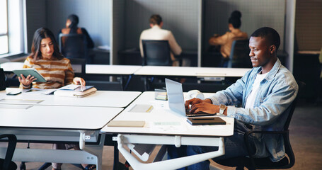 Business person, laptop and coworking in office for journalist career, research and typing. Hybrid...
