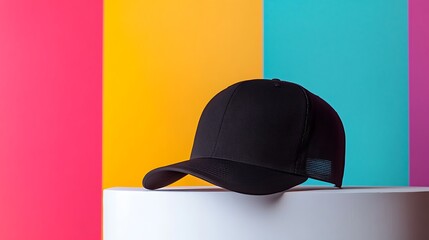 Stylish black cap stands on a modern white pedestal with a vibrant multicolor background in a studio setting.