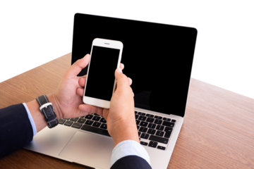 businessman holding a mobile phone with a blank black screen
