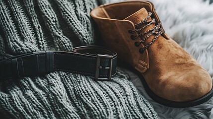 Cozy fall fashion featuring a tan suede boot, a textured sweater, and a leather belt for a stylish and relaxed look.