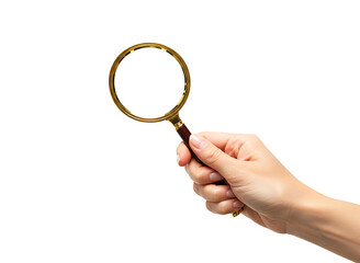 Hand holding a magnifying glass for investigation and discovery isolated on transparent background