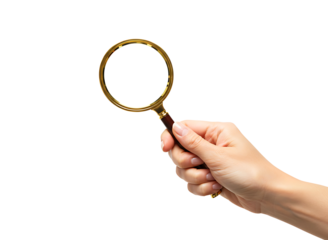 Hand holding a magnifying glass for investigation and discovery isolated on transparent background