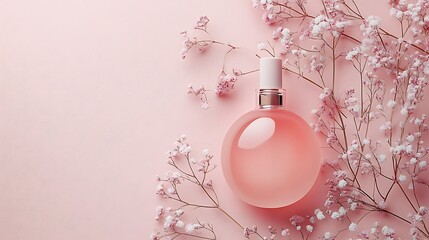 Elegant perfume bottle with delicate gypsophila flowers on a soft pink backdrop creating a feminine fragrance aesthetic.