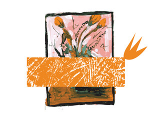 A vibrant abstract floral artwork featuring tulips in a vase, overlaid with bold graphic elements, shapes, and textured patterns. This mixed media composition combines traditional brush ASASAS