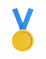 Golden medal with blue ribbon award for achievement success and recognition on white