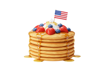 Delicious Patriotic Pancakes with Berries, Syrup, and American Flag Isolated on Transparent background