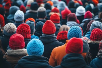 Large crowd of people wearing colorful winter hats during outdoor event in cold weather