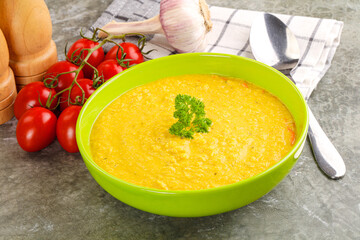 Vegetarian corn cream soup served parsley