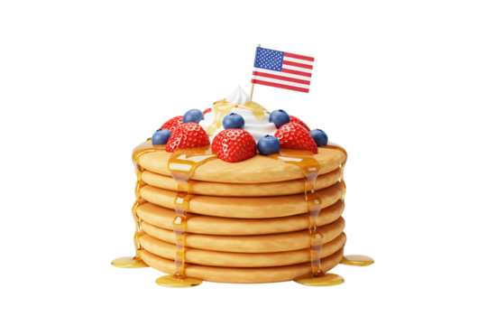 Delicious Patriotic Pancakes with Berries, Syrup, and American Flag Isolated on Transparent background - Powered by Adobe