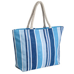 A stylish blue and white striped beach bag for summer holidays isolated on a transparent background png
