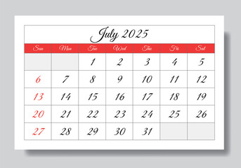 2025 july English calendar. Vector illustration of monthly page. Design with Sunday start