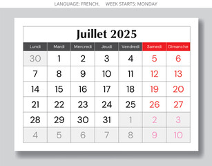 French calendar for july 2025. Vector illustration of month page for France - juillet