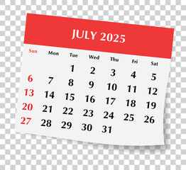 2025 July English calendar. Vector illustration of monthly paper page with transparent background