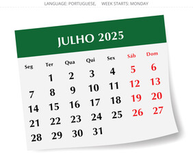 July PORTUGUESE monthly calendar for 2025 year. Vector illustration paper design for Portugal