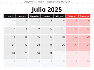 2025 Spanish july monthly calendar - julio. Vector illustrations month for Spain