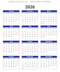 2026 year english annual calendar. Vector. Week starts monday