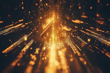 Golden arrow directed upwards emerging from a digital landscape of shimmering particles indicating financial growth in banking