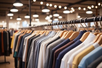 row of jackets hanging on a rack in a clothing store