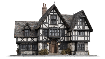 Charming Tudor-style house with intricate wooden details. transparent background