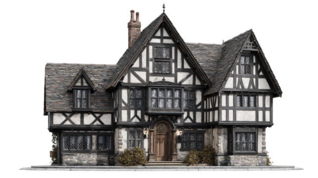 Charming Tudor-style house with intricate wooden details. transparent background