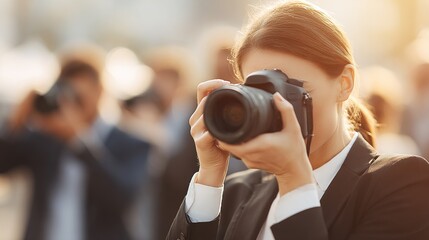 Woman in suit focuses camera, bathed in sunlight, with blurred background crowd