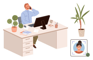 Man on phone at desk with computer, plants, books, and office items nearby. Digital profile card for identity verification. Ideal for work, technology, productivity, remote tasks office culture