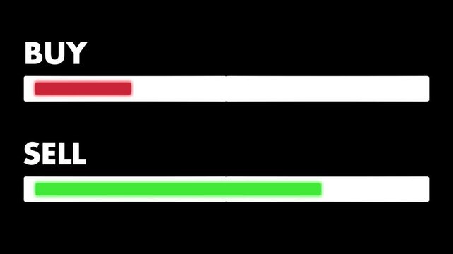 4K Buy and sell animation with red and green bars on black background, visualizing low buy and high sell profit strategy, horizontal video format 16:9