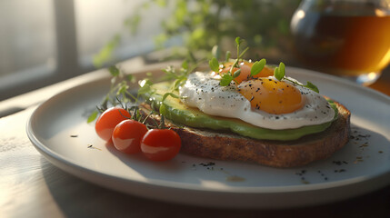 A delicious avocado toast topped with perfectly poached eggs, garnished with fresh herbs and cherry tomatoes. A healthy and visually appealing breakfast or brunch option.