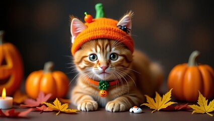Cute orange tabby kitten wearing a festive pumpkin hat, surrounded by autumn leaves and pumpkins, creating a cozy Halloween ambiance.