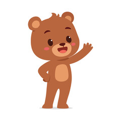 Cute Brown Bear Cub Standing and Waving with Happy Expression Cartoon Vector Illustration