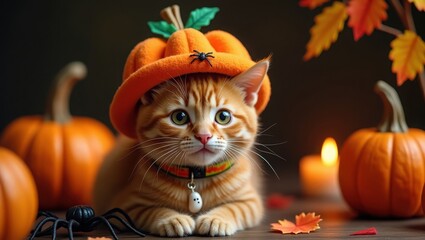 Cute orange tabby kitten wearing a festive pumpkin hat, surrounded by autumn leaves and pumpkins, creating a cozy Halloween ambiance.