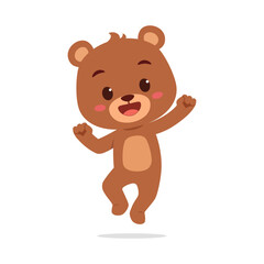 Cartoon Brown Bear Cub Jumping Happily on White Background Illustration in Full Shot