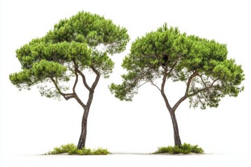 Obraz premium Pair of stone pine trees standing together against a white background highlighting their unique shapes and vibrant green foliage