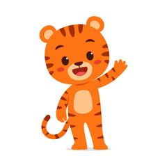 Cute Orange Tiger Cub Waving Hello with a Big Smile on White Background Cartoon Illustration