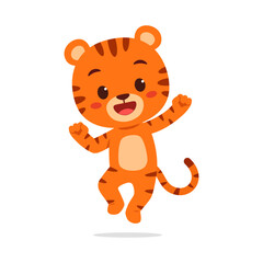 Cute Cartoon Tiger Cub Cheerful and Jumping with Joy on Isolated White Background Vector Illustration