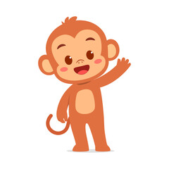 Cute Cartoon Monkey Waving Hand with Smiling Expression on White Background Illustration