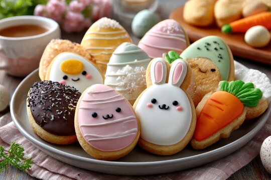 Colorful Easter cookies on a plate