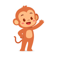 Cartoon Monkey Waving with Happy Expression on White Background Illustration