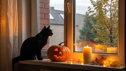 Mysterious black cat gazing out a window, illuminated by warm candlelight and a glowing jack-o'-lantern, creating a spooky yet cozy Halloween atmosphere.