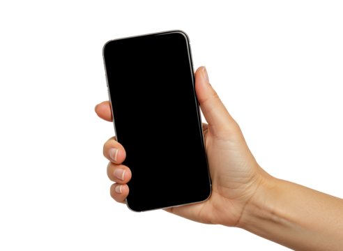 Human hand holding a modern smartphone with a blank black screen isolated on transparent background