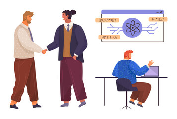 Two individuals shake hands symbolizing collaboration, while another works on a laptop with a screen featuring scientific diagrams. Ideal for teamwork, science, innovation, networking, research