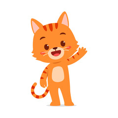 Cartoon Orange Cat Waving Hello with Happy Expression Standing on Isolated White Background