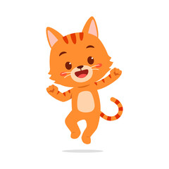 Happy Orange Tabby Cat Cartoon Character Jumping with Joyful Expression on White Background