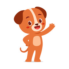 Smiling Cartoon Dog Waving Hand, Happy Cute Pet Illustration with Brown and White Fur, Vector