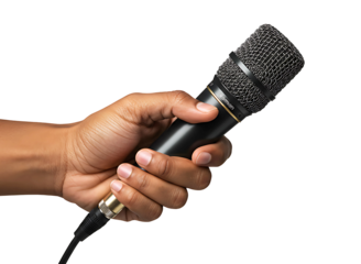 Hand holding a vintage silver microphone isolated on transparent background