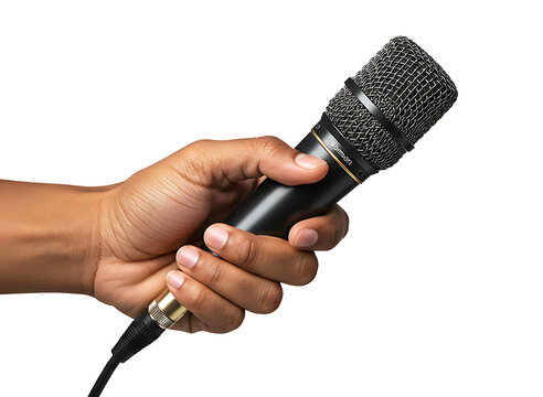 Hand holding a vintage silver microphone isolated on transparent background