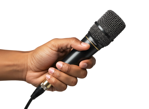 Hand holding a vintage silver microphone isolated on transparent background