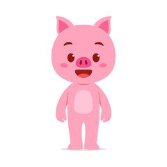 Cute pink cartoon pig standing with a smile on a white background illustration